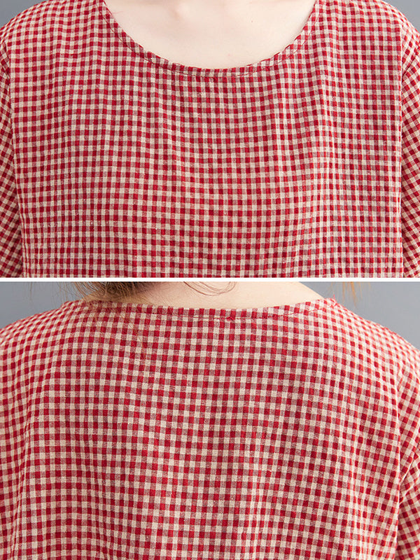 Artistic Retro Loose Plaid Ramie Cotton Falbala T-Shirt Top