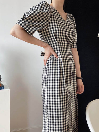 Original Plaid V-Neck Puff Sleeve Empire Midi Dress