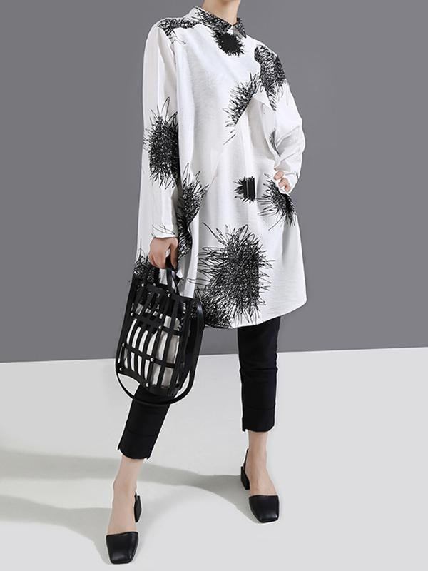 Black&White Long Sleeve Loose Blouse Cropped Printed Shirt