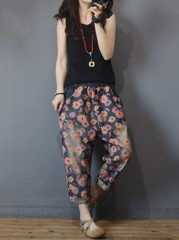 Vintage Floral Elastic Waist Harem Jean Pants