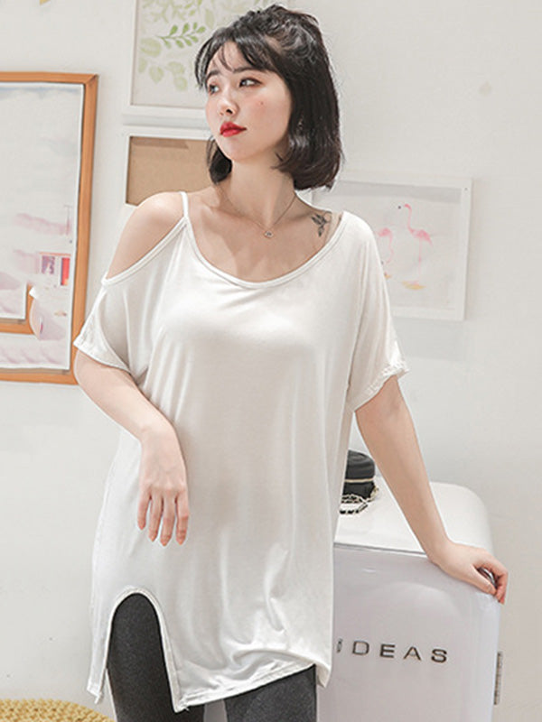 Casual Solid Color Asymmetric Cold Shoulder Spaghetti-Neck T-Shirt