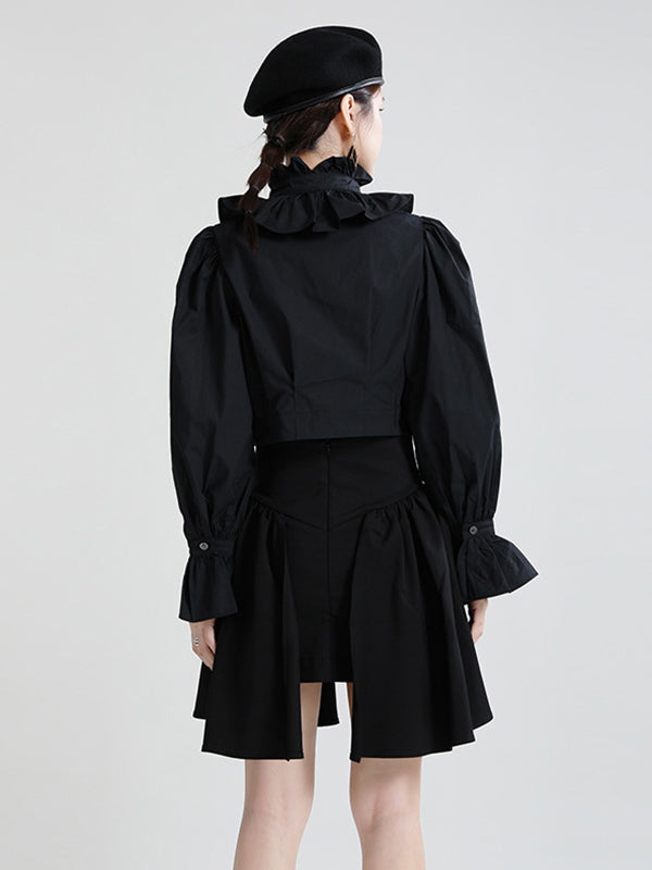 Stylish Solid Color Falbala Buttoned Pleated Stand Collar Long Puff Sleeves High-Waist Blouse