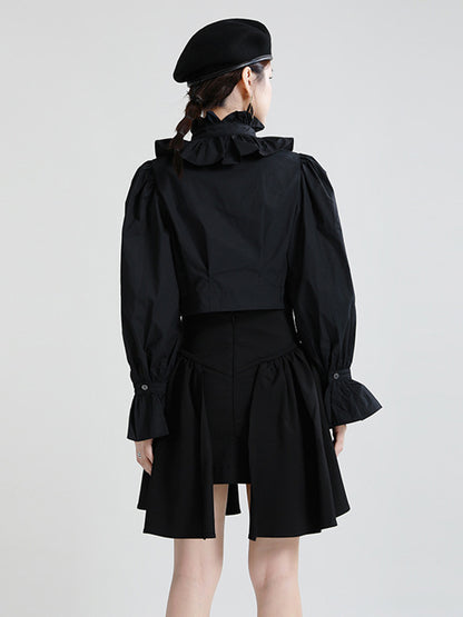 Stylish Solid Color Falbala Buttoned Pleated Stand Collar Long Puff Sleeves High-Waist Blouse