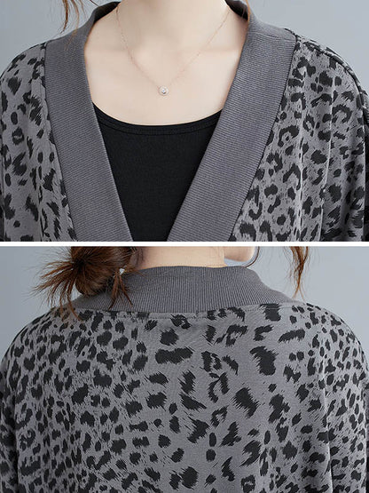 Original Leopard Buttoned V-Neck Long Sleeves Outwear
