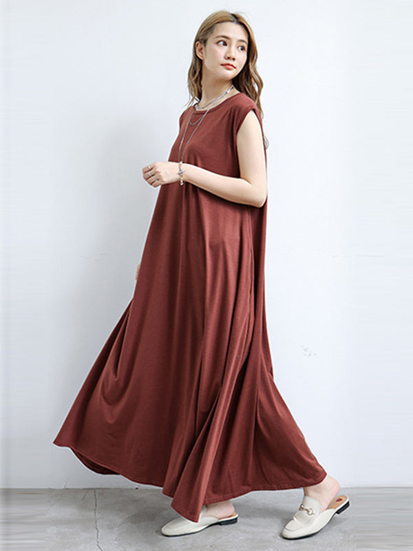 Simple Solid Color Oversized A-Line Round-Neck Cap Sleeves Maxi Dress