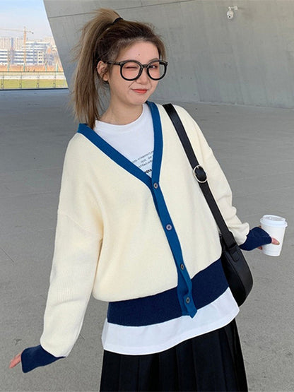 Causal Contrast Color Buttoned V-Neck Long Sleeves Cardigan Outwear