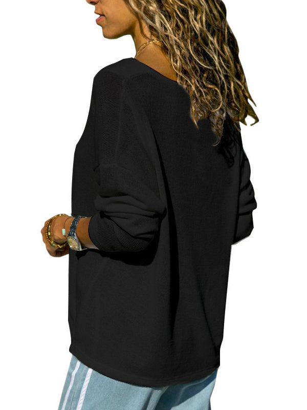 Simple Solid Color V-Neck Long Sleeves Pullover Knitwear