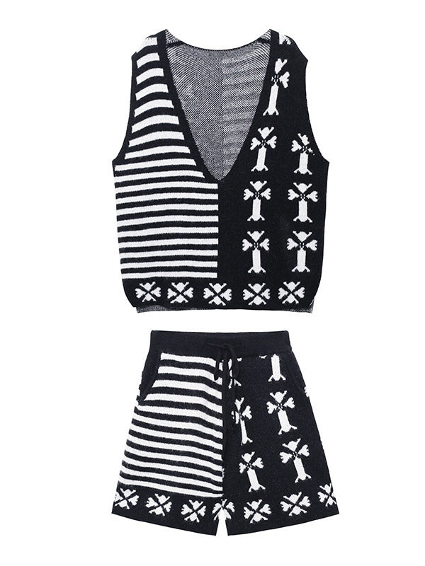 Fashion Printed Knitting  Vest & Shorts Separately 2 Pieces Set