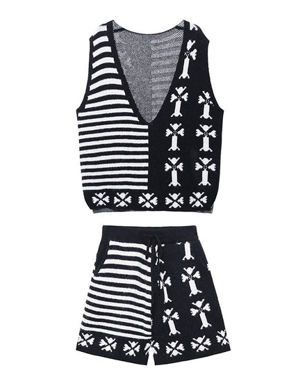 Fashion Printed Knitting  Vest & Shorts Separately 2 Pieces Set