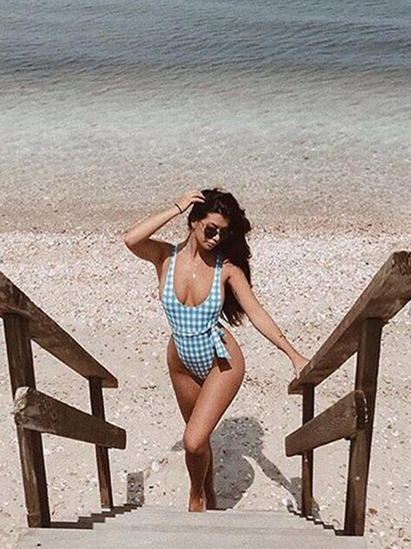 Plaid Bandage Backless One Piece Swimwear