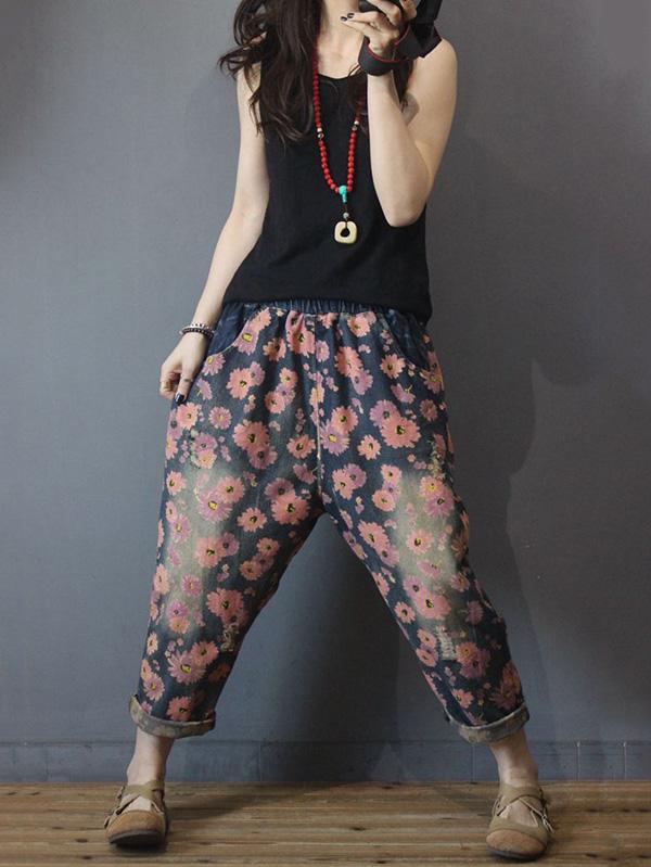 Vintage Floral Elastic Waist Harem Jean Pants