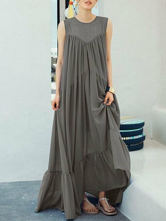 Gray Split-joint Ruffled Sleeveless Maxi Dress