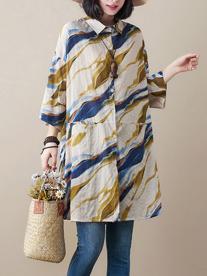 Artistic Retro Contrast Color Printed Split-Joint Blouse
