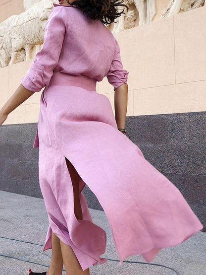 V-neck Long Sleeves Shirt Belted Maxi Dress