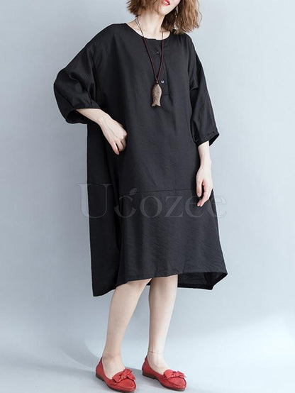 Loose Solid Retro Hemline Midi Dress