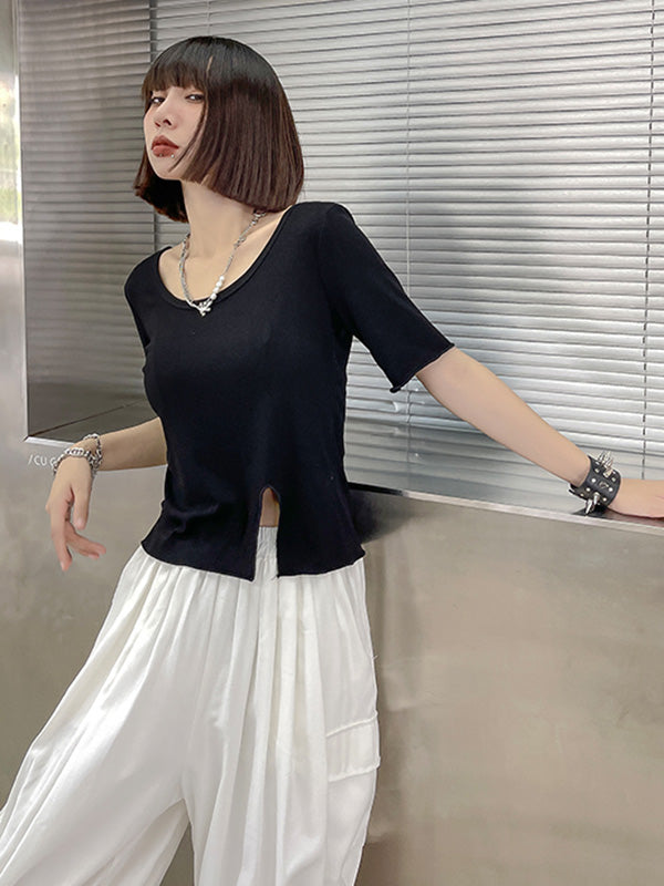 Casual Solid Color Split-Side Short Sleeves U-Neck Shirts
