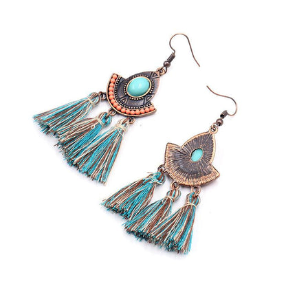 Buykud Bohemian Style Casual Turquoise Tassel Earrings