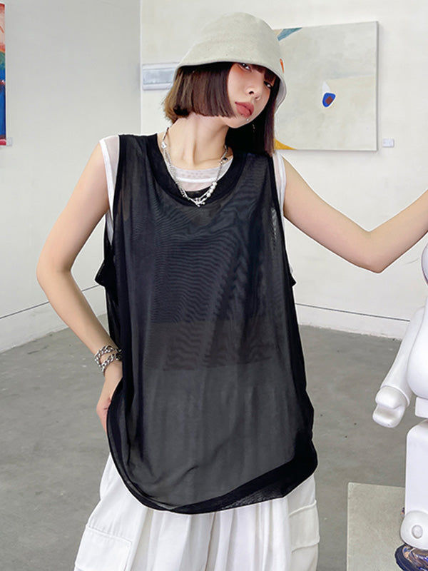 Cool Girl Black&White See-Through Round-Neck Vest Top