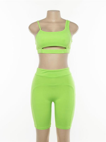 Spaghetti-neck Hollow Tank And Shorts Workout Suits