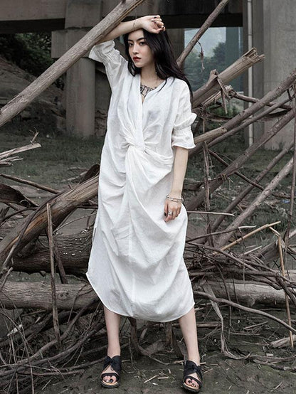 Solid Ruffled Split-Side Short Sleeves Dress