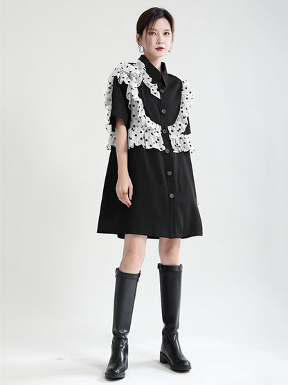Stylish Irregular Split-Joint Polka-Dot Mesh Falbala Buttoned Lapel Collar Half Sleeves Mini Dress
