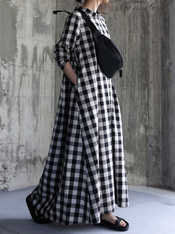 Artistic Retro Loose A-Line Plaid Stand Collar Long Sleeves Maxi Dress