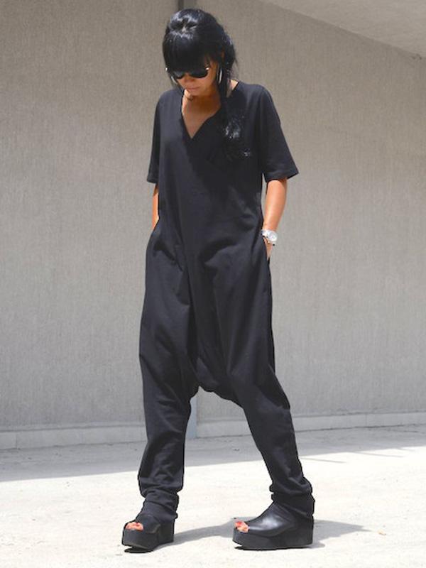 Simple Black Short Sleeves V-neck Jumpsuits