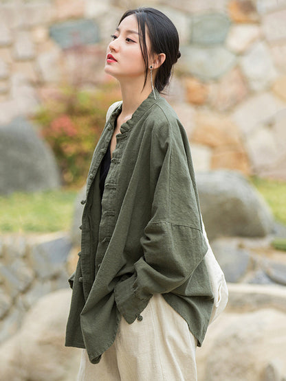 Original Artistic Retro Loose Solid Color Ramie Cotton Blouse Outwear