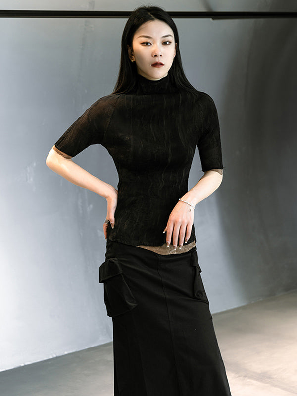 Original Solid Color High-Neck Long Sleeve See-Through T-Shirts Tops