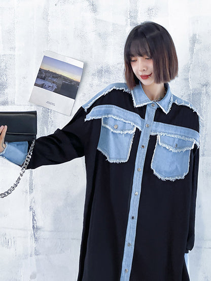 Original Stylish Loose Denim Split-Joint With Pocket Buttoned Lapel Collar Long Sleeves Midi Shirt Dress