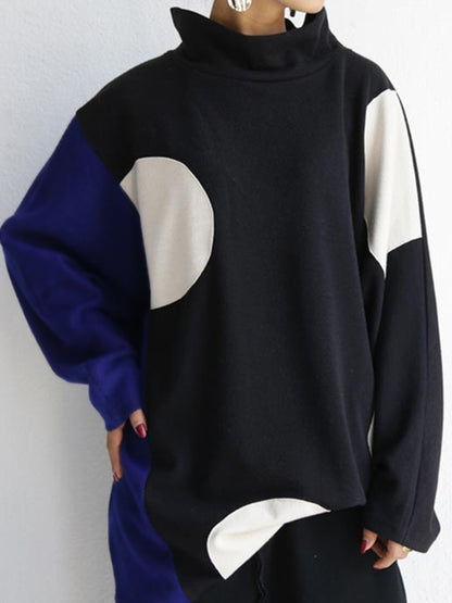 Original Casual Loose Split-Joint Color Matching Polka-Dot High-Neck Long Sleeves T-Shirt Tops