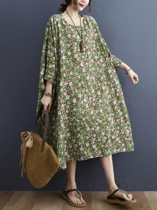 Vintage Loose Floral Printed Round-Neck Batwing Sleeves Midi Dress
