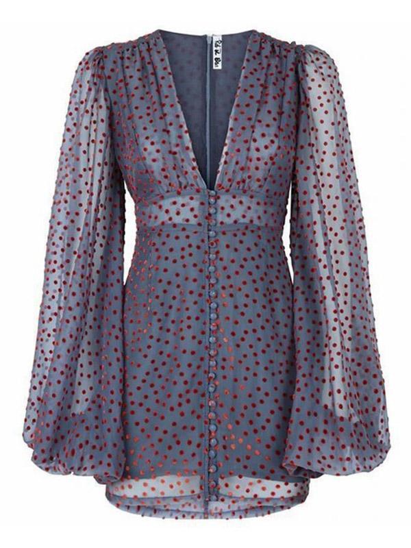 V-Neck Printed Wave Point Chiffon Mini Dress