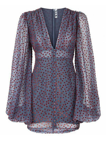 V-Neck Printed Wave Point Chiffon Mini Dress