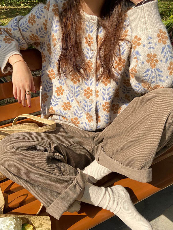 Original Buttoned Round-Neck Long Sleeves Cardigans