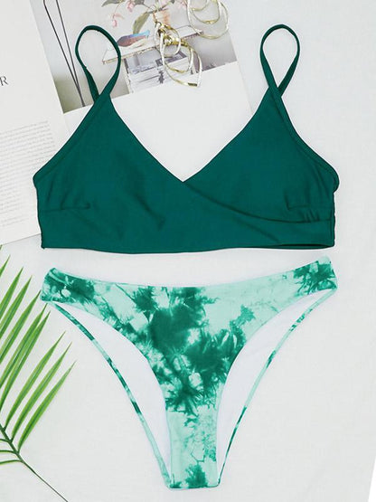 Color-Block Floral-Print Spaghetti-Neck Split Bikini Swimsuit