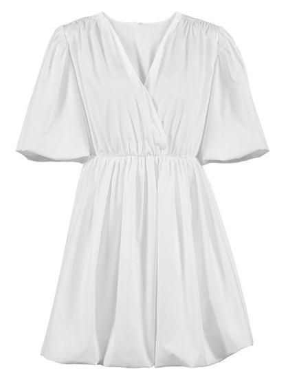 Simple Solid Color Pleated V-Neck Bishop Sleeves  Mini Dress