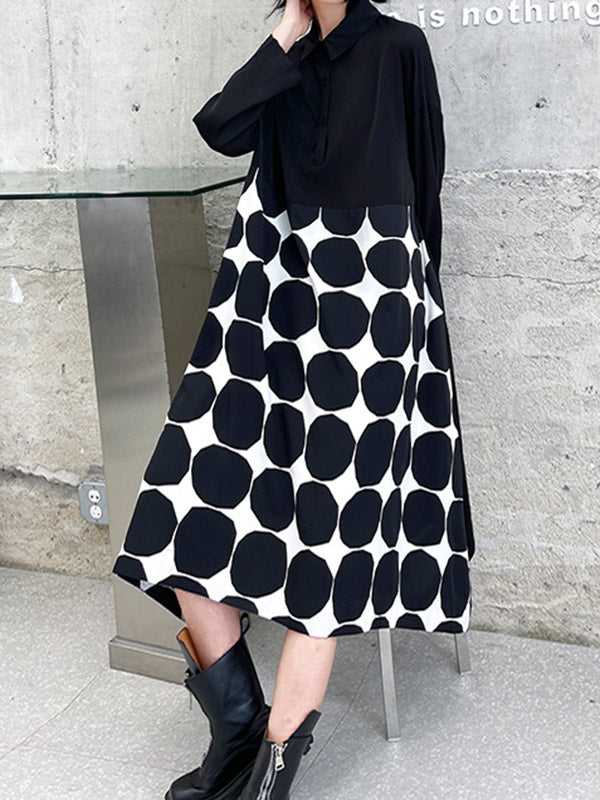 Stylish Irregular Polka-Dot Spit-Joint Buttoned Lapel Collar Long Sleeves A-Line Midi Shirt Dress