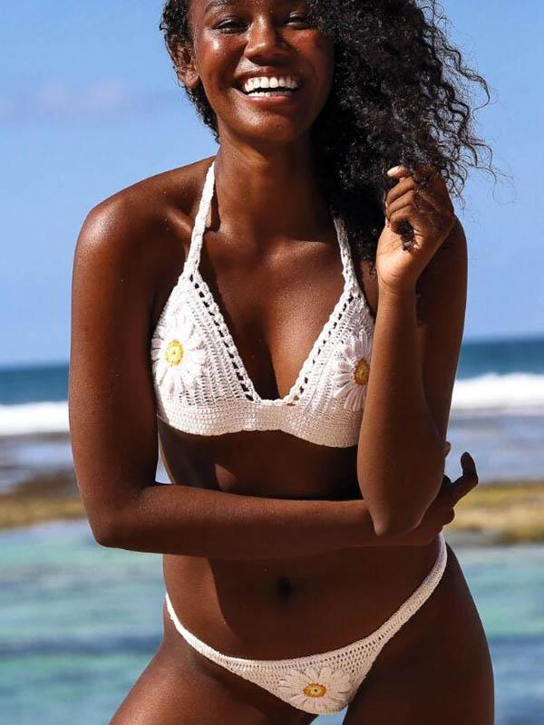 Crochet Floral Split Bikini Swimsuit