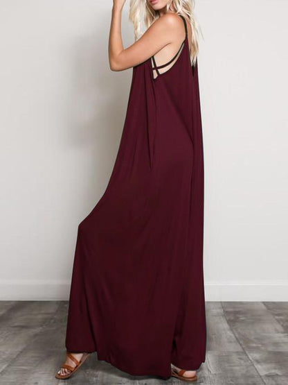 Burgundy&Black Loose Sleeveless Wide Leg Jumpsuits