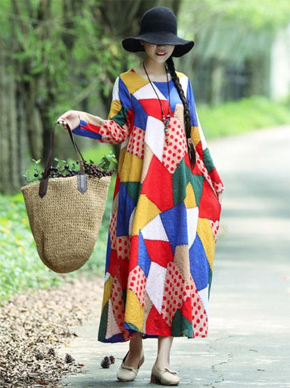 Colorful Cube Printed Long Dress