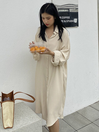 Simple Solid Color Buttoned Lapel Long Sleeves Shirt Dress