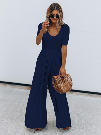 Simple Short Sleeve Wide Leg Jumpsuits