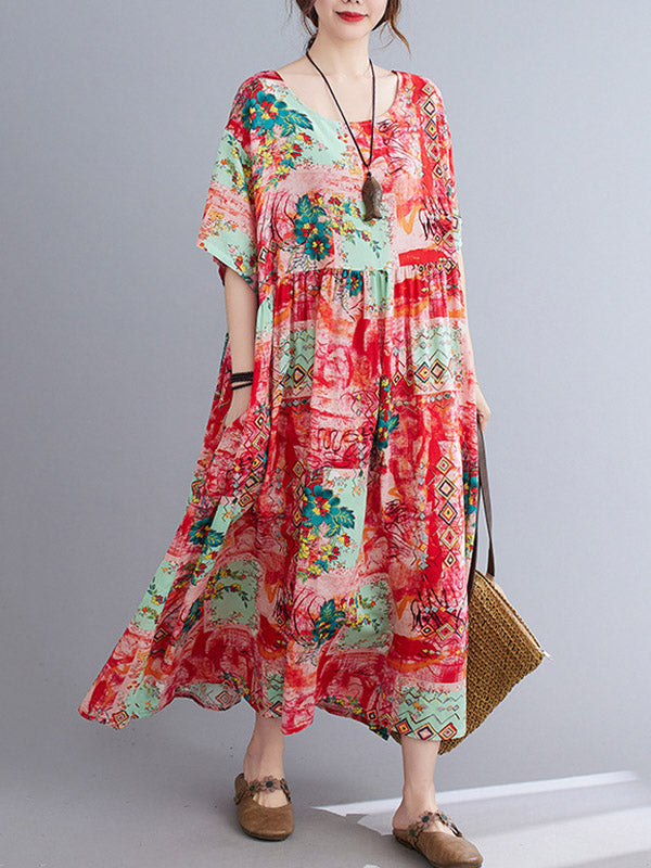 Vintage Floral Printed Round-Neck Short Sleeves Midi Dress