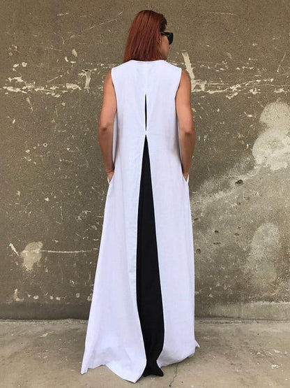 White&Black Split-joint Sleeveless Linen Long Dress