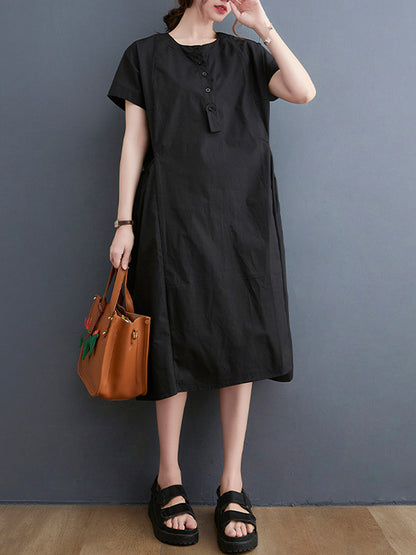 Casual Solid Color Round-Neck With Pocket Midi Dress