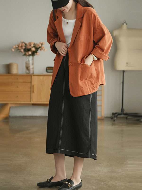 Simple Solid Color Notched Collar Batwing Sleeve Outerwear