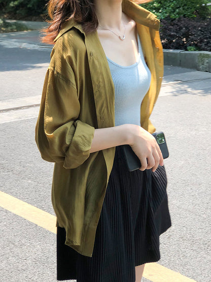 Casual Loose Solid Color Lapel Collar Long Sleeves Shirts