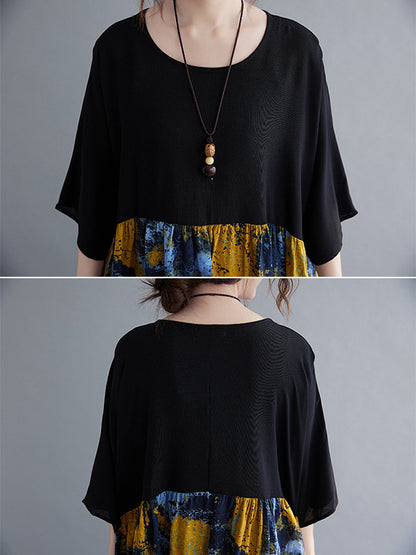 Artistic Retro Floral Printed Split-Joint Pleated Round-Neck Half Sleeves Midi Dress