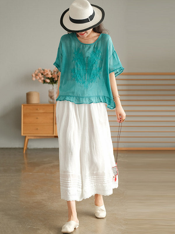 Ramie Cotton Embroidered Round-Neck T-Shirts Tops